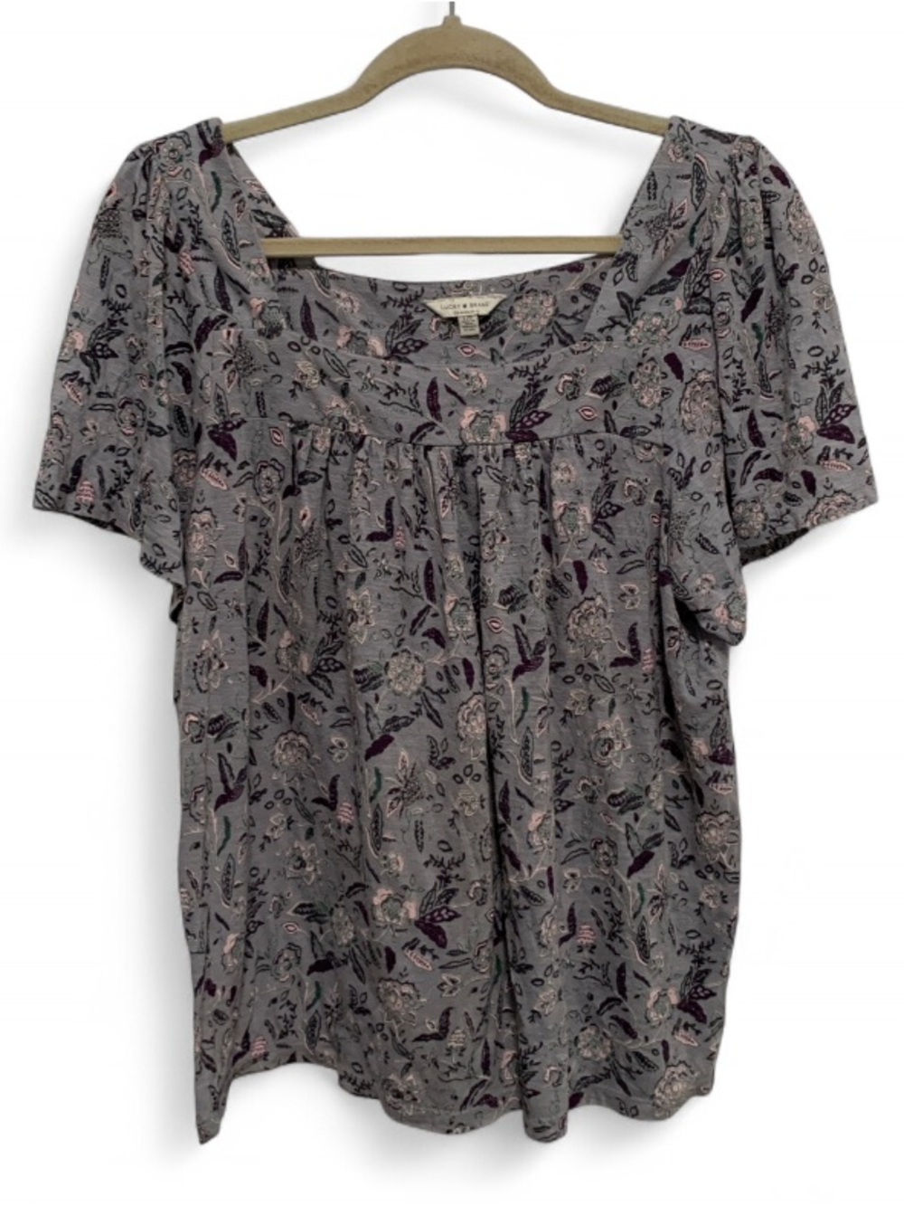 Lucky Brand Gray Floral Square-Neck Short Sleeve Blouse